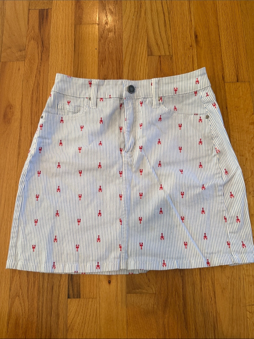 White Stripe Mini Skirt with Red lobster print.